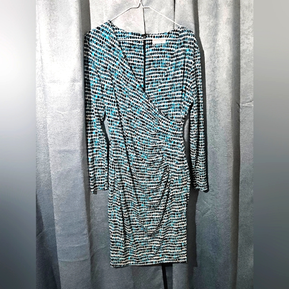Calvin Klein Blue and Black Ruched Faux Wrap Dress - Size Small - EUC - Picture 1 of 4